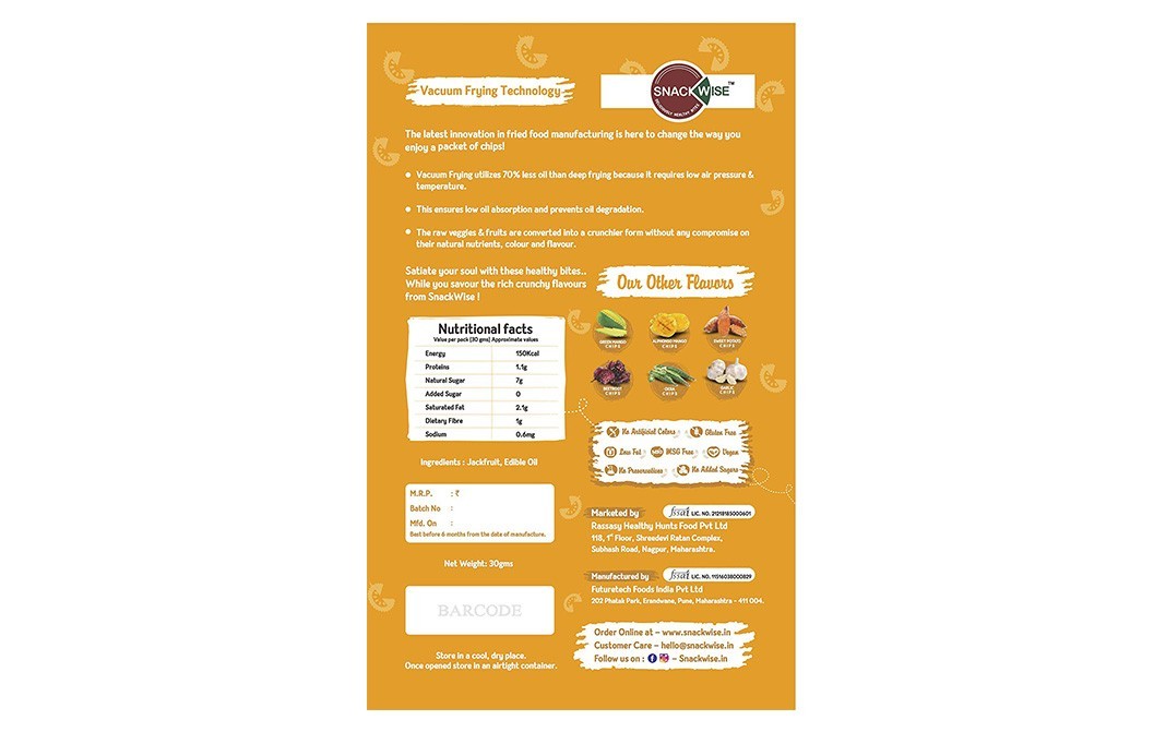 Snack Wise Jackfruit 100% Fruit Chips Vacuum Fried   Pack  30 grams